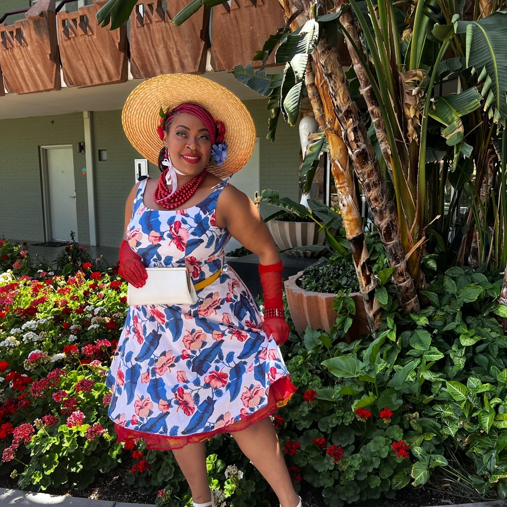 Floral Swing Dress with Red and Blue Accents